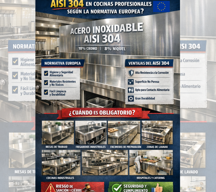 ¿Es obligatorio usar acero inoxidable AISI 304 en cocinas profesionales según la normativa europea?