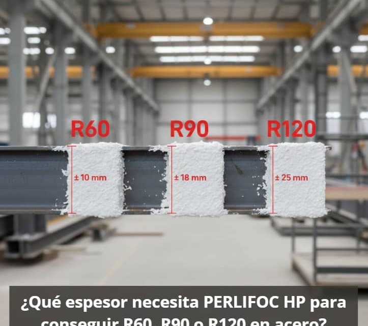 ¿Qué espesor necesita PERLIFOC HP para conseguir R60, R90 o R120 en acero?